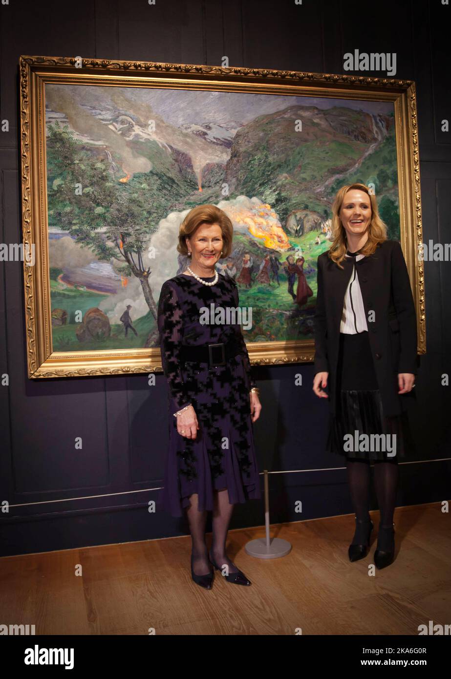 London, Great Britain 20160203. Queen Sonja opens an exhibition by the norwegian painter Nikolai Astrup (1880-1928) at Dulwich Gallary in London. Here pictured with Minister of Culture Linda Hofstad Helleland (right) Foto: Nina E. Rangoy / NTB scanpix  Stock Photo