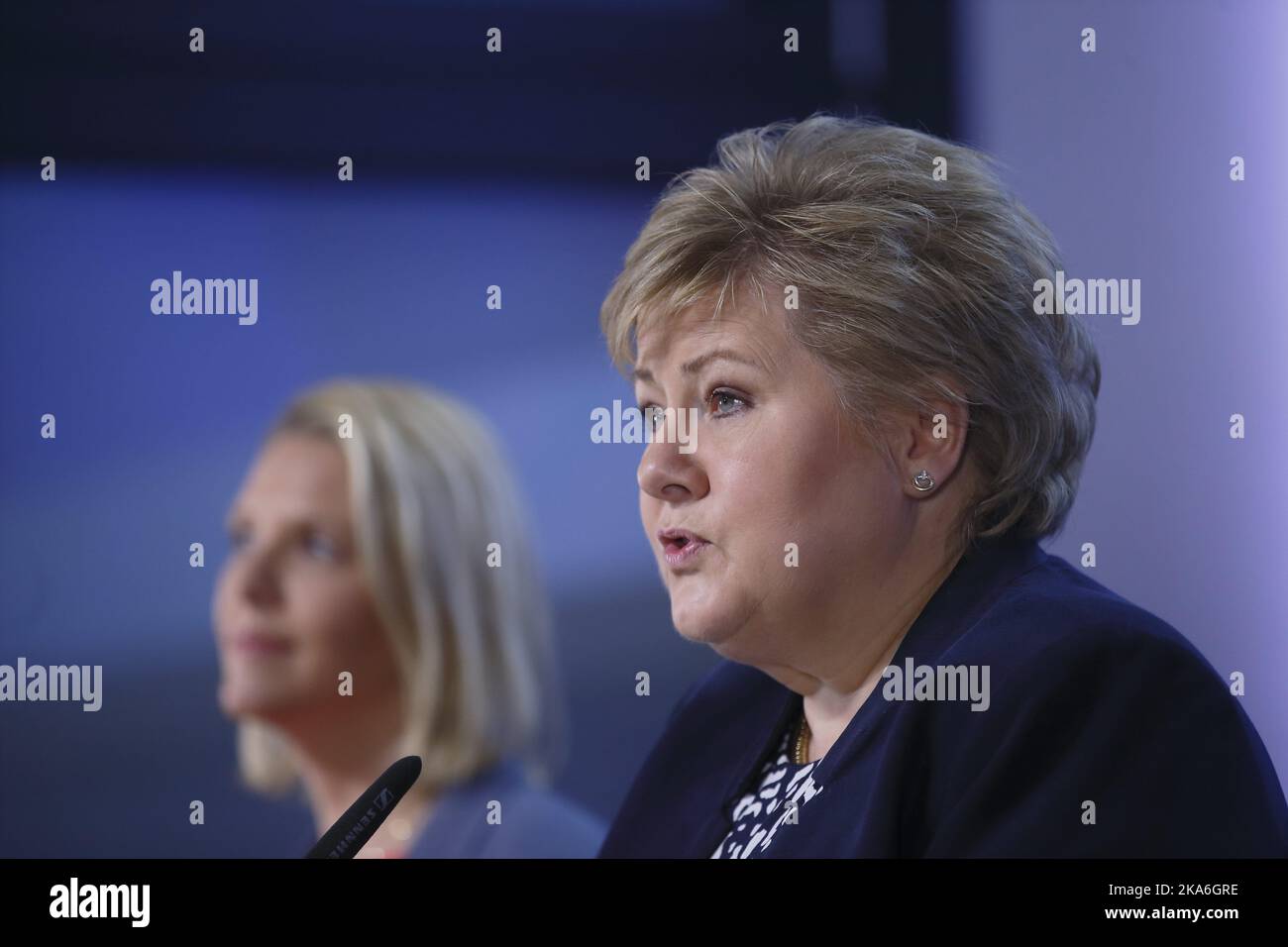 Oslo, Norway 20160405. Prime Minister Erna Solberg (right) and Minister of Migration and integration Sylvi Listhaug during a press conference on the amendments to the Immigration Act. Photo: Cornelius Poppe / NTB scanpix Stock Photo