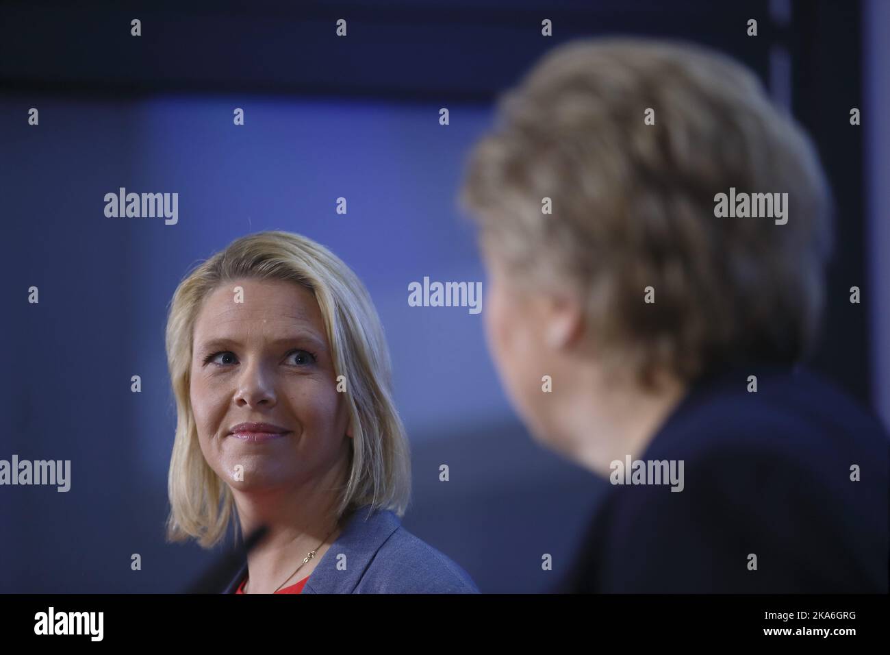 Oslo, Norway 20160405. Prime Minister Erna Solberg and Minister of Migration and integration Sylvi Listhaug (left) during a press conference on the amendments to the Immigration Act. Photo: Cornelius Poppe / NTB scanpix Stock Photo