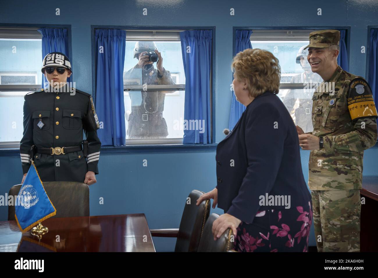 Panmunjom, NORTH KOREA 20160415. Norwegian Prime Minister Erna Solberg and Colonel James Minnich was photographed and spied on by North Korean soldiers when she crossed the border into North Korea in the border building T2 right in the demilltariserte zone Panmunjon between South and North Koreans. Photo: Heiko Junge / NTB scanpix Stock Photo
