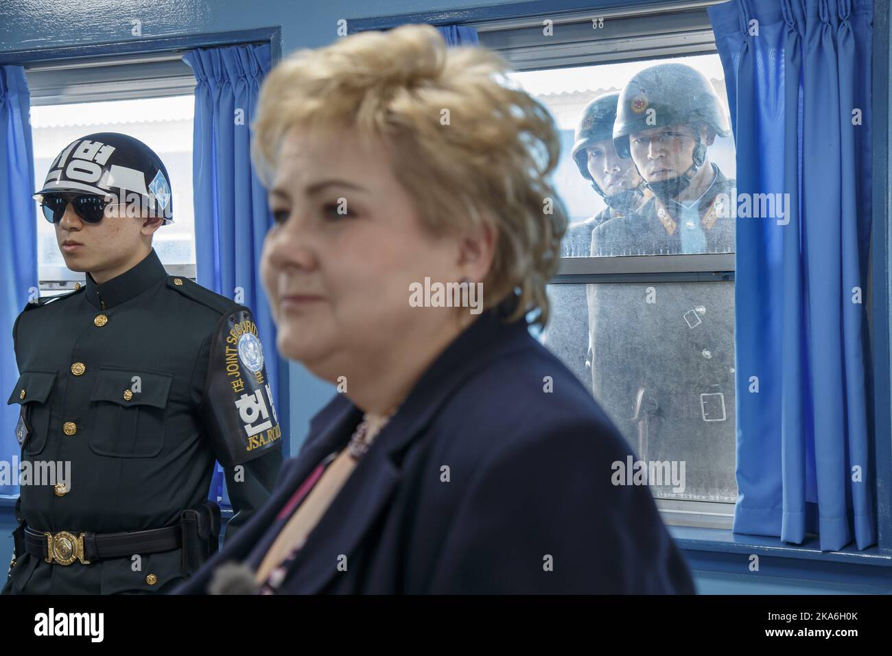 Panmunjom, NORTH KOREA 20160415. Norwegian Prime Minister Erna Solberg was spied on by North Korean soldiers when she crossed the border into North Korea in the border building T2 right in the demilltariserte zone Panmunjon between South and North Koreans. Photo: Heiko Junge / NTB scanpix Stock Photo