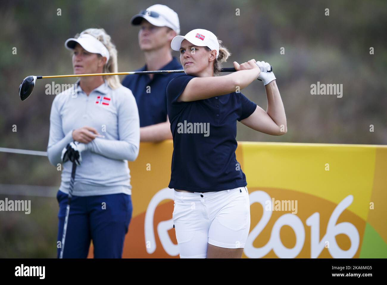 RIO DE JANEIRO, BRAZIL 20160815. Summer Olympics in Rio 2016 Golf players Marianne Skarpenord (right) and Suzann Pettersen practice at the Olympic Golf Course in Rio de Janeiro Monday. Photo: Heiko Junge / NTB scanpix Stock Photo