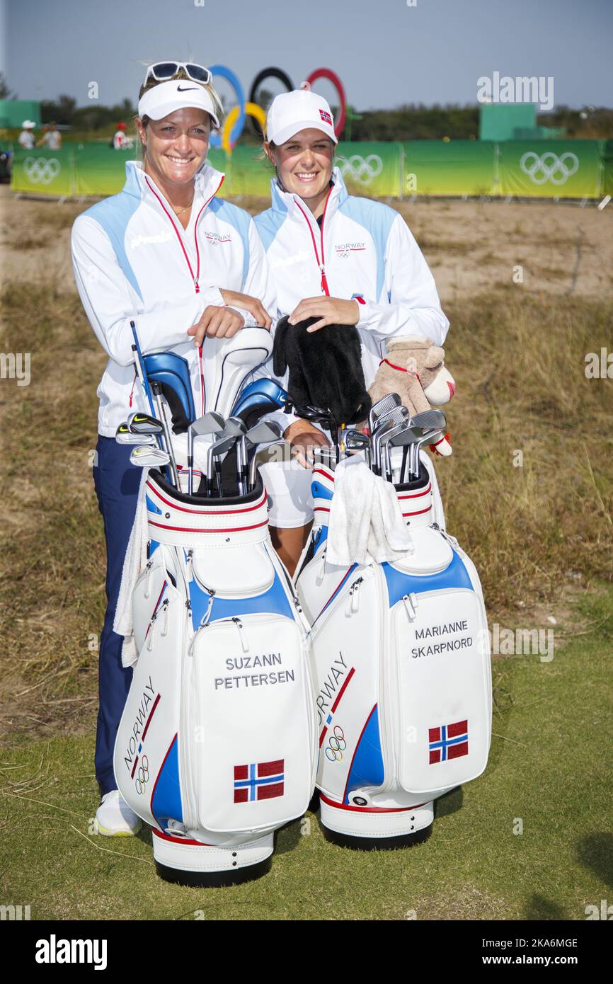 RIO DE JANEIRO, BRAZIL 20160815. Summer Olympics in Rio 2016. Golf players Suzann Pettersen (left) and Marianne Skarpenord are looking forward to the introduction of the Olympic golf tournament for women Wednesday. Photo: Heiko Junge / NTB scanpix Stock Photo