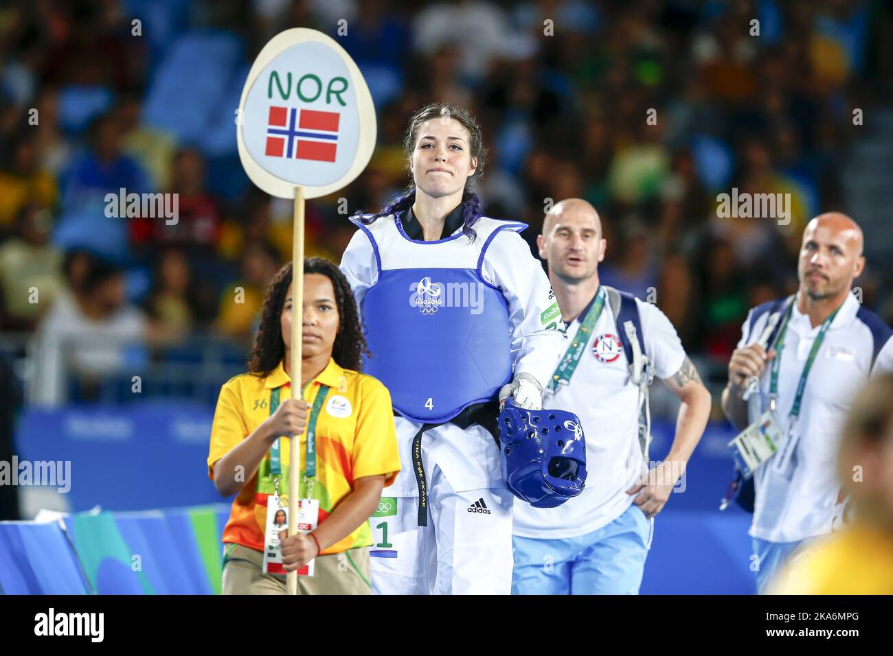 RIO DE JANEIRO, BRAZIL 20160820. Summer Olympics in Rio in 2016. Norway's taekwondo hope Tina Roe Skaar before the match against the reigning Olympic champion Milica Mandic of Serbia during the Olympics tournament in Taekwondo in Carioca Arena in Rio de Janeiro Saturday. She lost 2-8. Photo: Heiko Junge / NTB scanpix Stock Photo