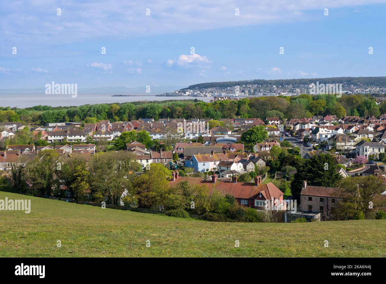 Uphill village from Uphill Hill with Weston-super-Mare beyond, North Somerset, England. Stock Photo