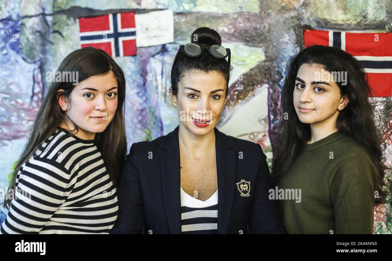 Oslo, Norway 20160922. Activist and feminist Joumana Haddad from Lebanon (centers) is attending 'Skamloes dag pa Stortinget' (Shameless day at the Parliament) with Nanzy Herz (left) and Sofia Srour. Here they are photographed in the office of the Labour Party deputy, Hadia Tajik. Photo: Stein Bjoerge / Aftenposten / NTB scanpix Stock Photo