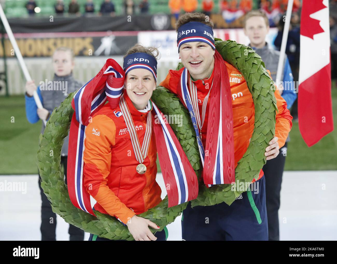 Iren Wüst and Sven Kramer from the Netherlands won the allround title at the ISU World Allround Speed Skating Championships at Vikingskipet Olympic Hall in Hamar, Saturday, March 5, 2017. Photo: Terje Bendiksby / NTB scanpix Stock Photo