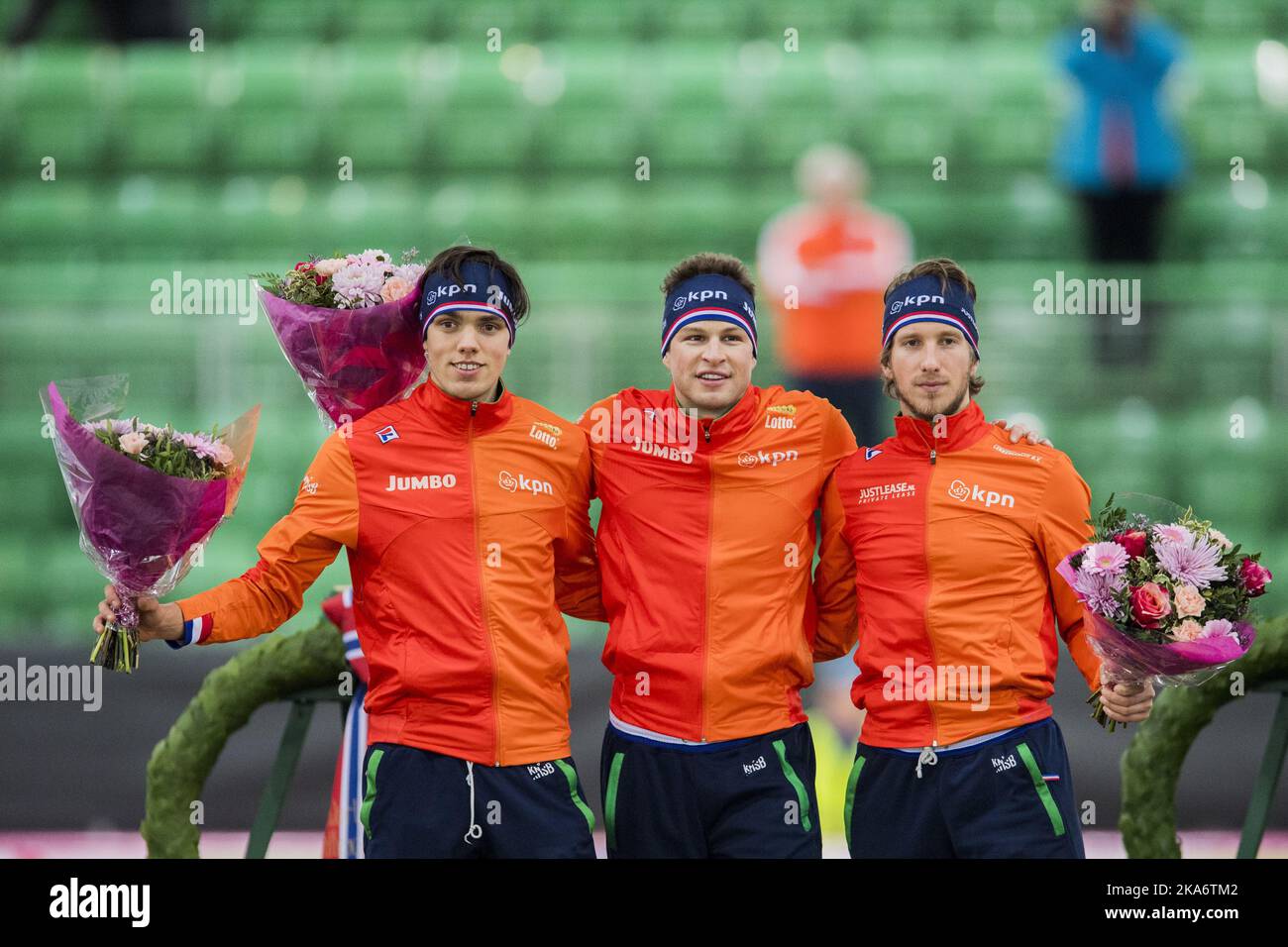 L-R Second placed Patrick Roest, winner Sven Kramer and third placed Jan Blokhuijsen all from the Netherlands after the 5000 m ISU World Allround Speed Skating Championships at Vikingskipet Olympic Hall in Hamar, Saturday, March 4, 2017. Photo: Fredrik Varfjell / NTB scanpix Stock Photo