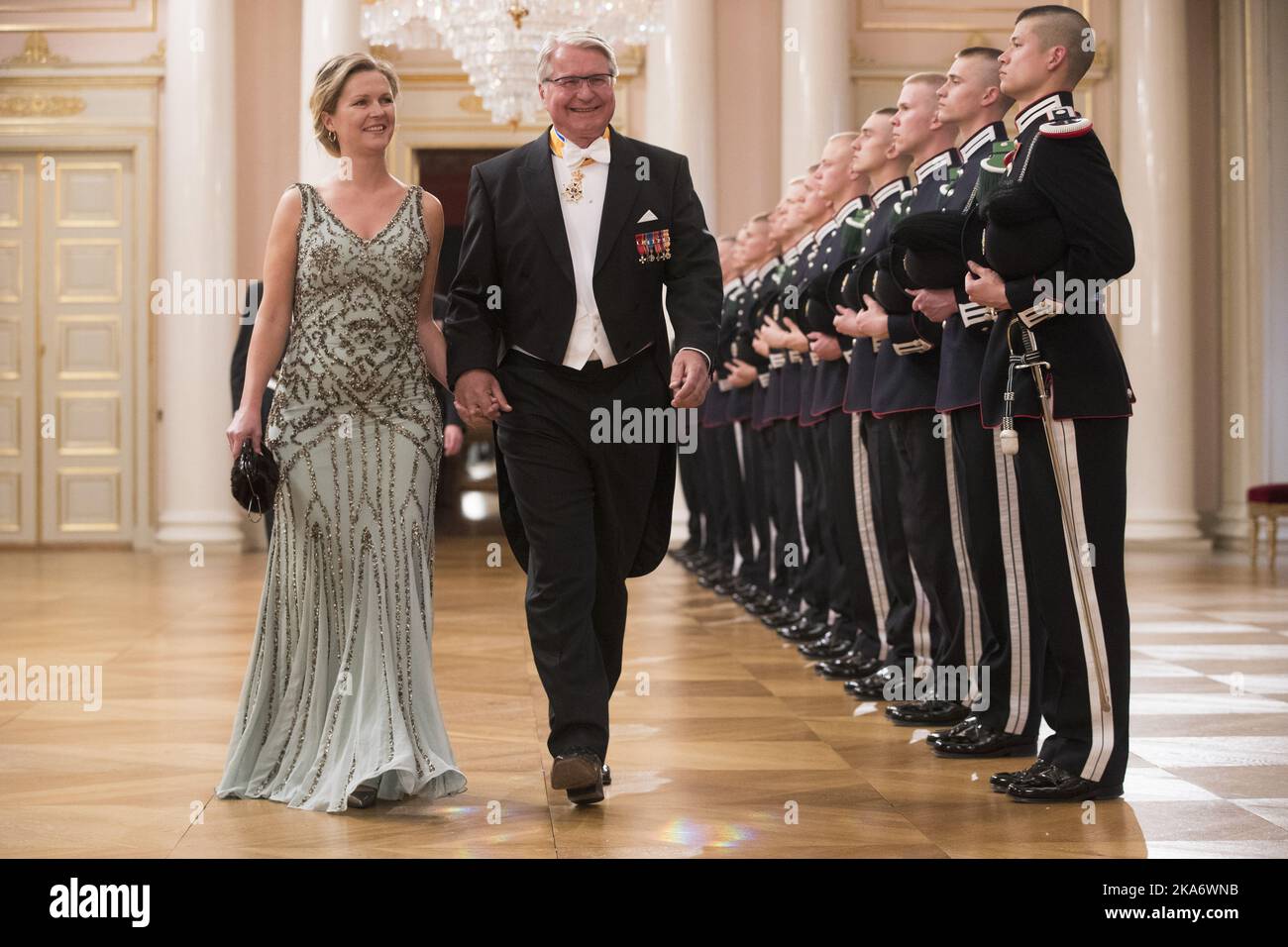 Oslo, Norway 20170509. Gala dinner at the Palace in connection with the 80th anniversary of King Harald of Norway and Queen Sonja of Norway. Fabian Stang and Catharina Munthe on their way to gala dinnerg. POOL. Photo: Haakon Mosvold Larsen / NTB scanpix Stock Photo