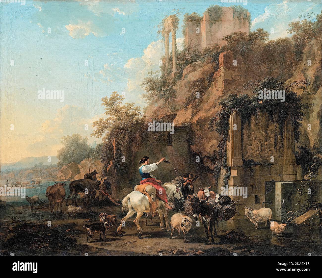 Nicolaes Pietersz Berchem painting, Rocky Landscape with Classical Ruins, oil on canvas, circa 1657 Stock Photo