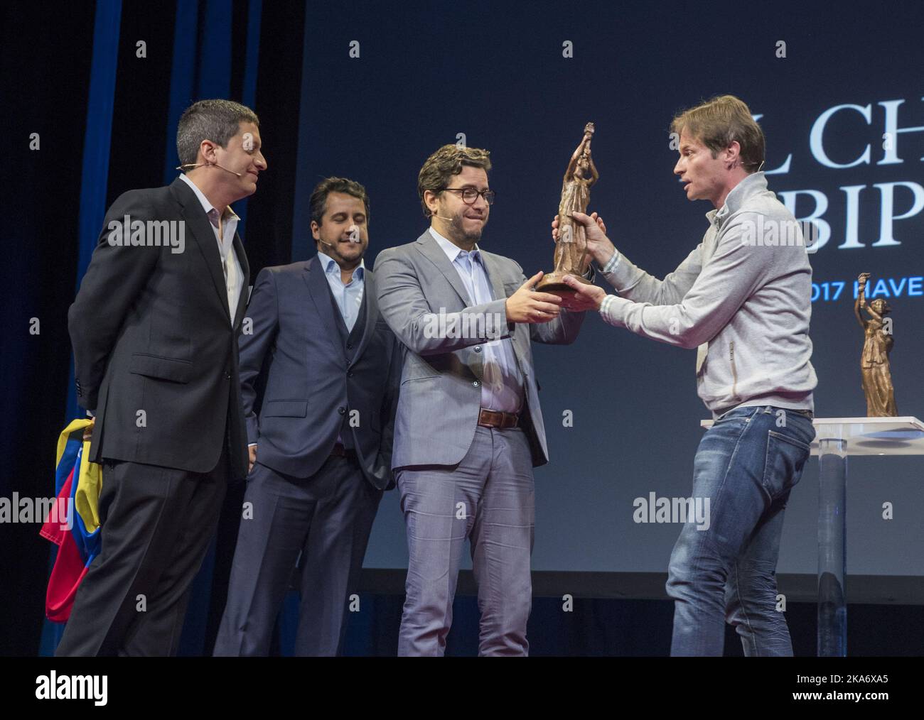 Oslo, 20170524: Oslo Freedom Forum. El Chigüire Bipolar from Venezuela  receives Václav Havel International Prize for Creative Dissent. From left:  Juan Andres Ravelli, Elio Casale and Oswaldo Graziani. To the right Srdja