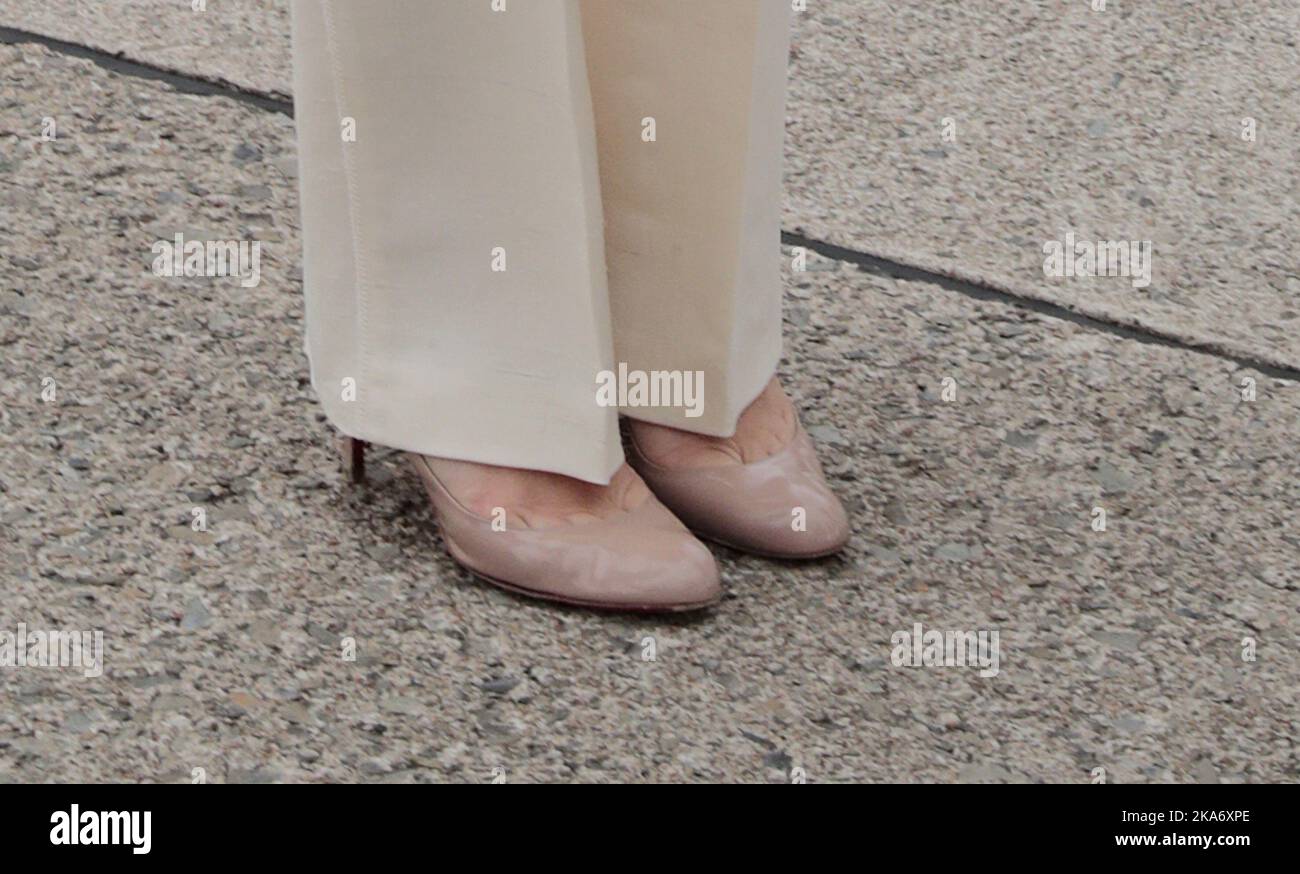 KIRKWALL, Great Britain 20170616. Crown Princess Mette-Marit (pictured) and Crown Prince Haakon arrive at Kirkwall Airport on Orkney Islands on the occasion of the official visit in connection with the St. Magnus festival. Detail of her shoes.Photo: Lise Aaserud / NTB scanpix Stock Photo