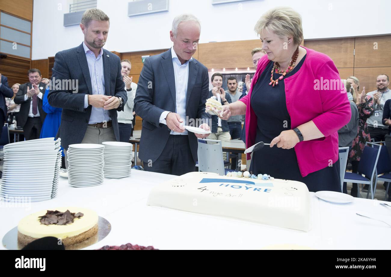 Oslo, 2017092112: Prime Minister Erna Solberg(right) is ready for four new years as norwegian Prime Minister. Here celebrating the victory with Minister of Health and Care Services, Bernt Høie( left) , and Minister of Local Government and Modernisation, Jan Tore Sanner(cenbter). Photo: Terje Pedersen/ NTB scanpix Stock Photo