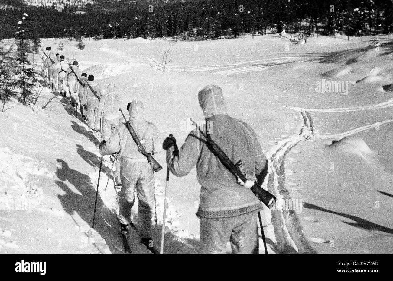 Norway during German occupation 1940-45. WW2 - Norway. Resistance. A group of armed home forces skiing Resistance battles. Home forces were led by the supreme Norwegian military command in London, and received weapons, food and even. instructors sent per. fly. Here a group of home crews on skis, with guns and wearing white disappearance suits, somewhere in Norway. Photo: NTB scanpix Stock Photo