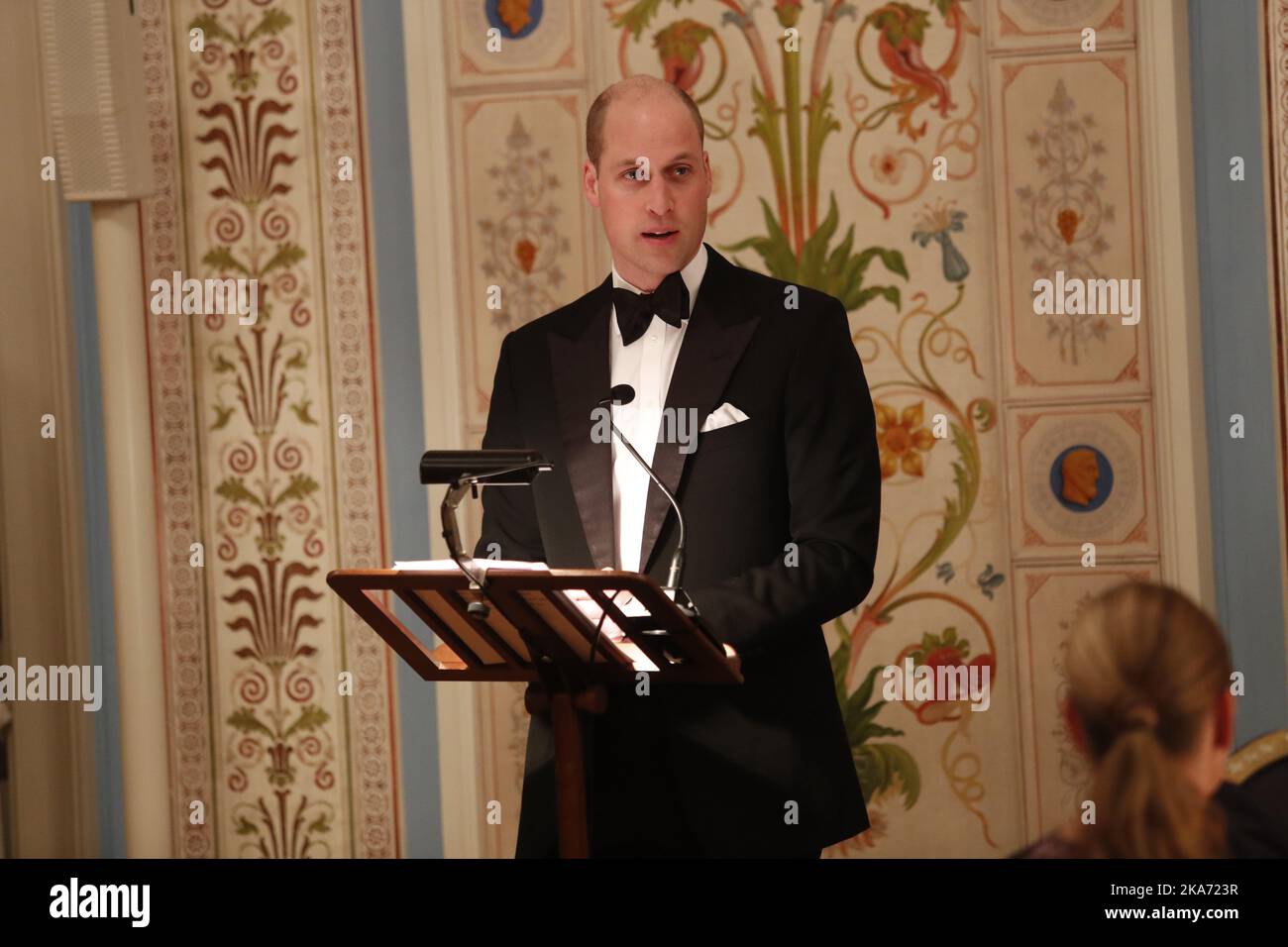 Oslo, Norway 20180201. Prince William of Great Britain and Duchess Kate visits Norway. Prince William, Duke of Cambridge speaks during the gala dinner at the Royal Palace on Thursday evening. Photo: Terje Bendiksby / NTB scanpix Stock Photo