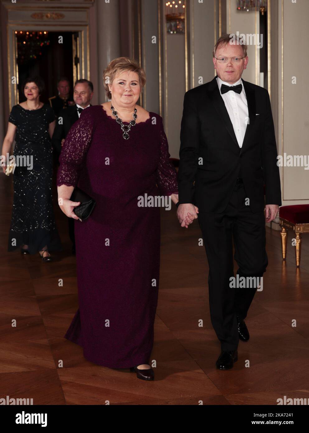 Oslo, Norway 20180201. Prime Minister Erna Solberg and her husband Sindre Finnes on the way to the gala dinner at the Royal Castle in connection with Prince William and Duchess Catherine's visit to Norway. Photo: Lise Aaserud / NTB scanpi Stock Photo