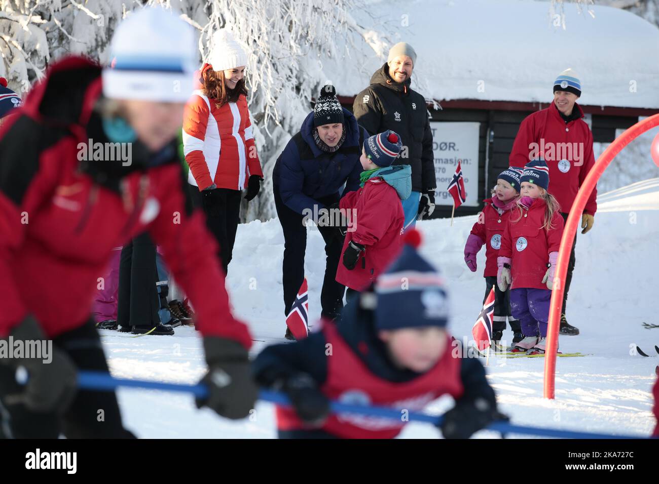 Oslo, Norway 20180202. Prince William of Great Britain and Duchess Kate visits Oevresetertjern at Tryvann in Oslo as the last point of the program on their official visit to Norway. Here they can see skiing activities at a ski school and visit the Tomm Mustad open-air nursery school. From left: Duchess Kate, Prince William and Crown Prince Haakon. Photo: Haakon Mosvold Larsen / NTB scanpi Stock Photo