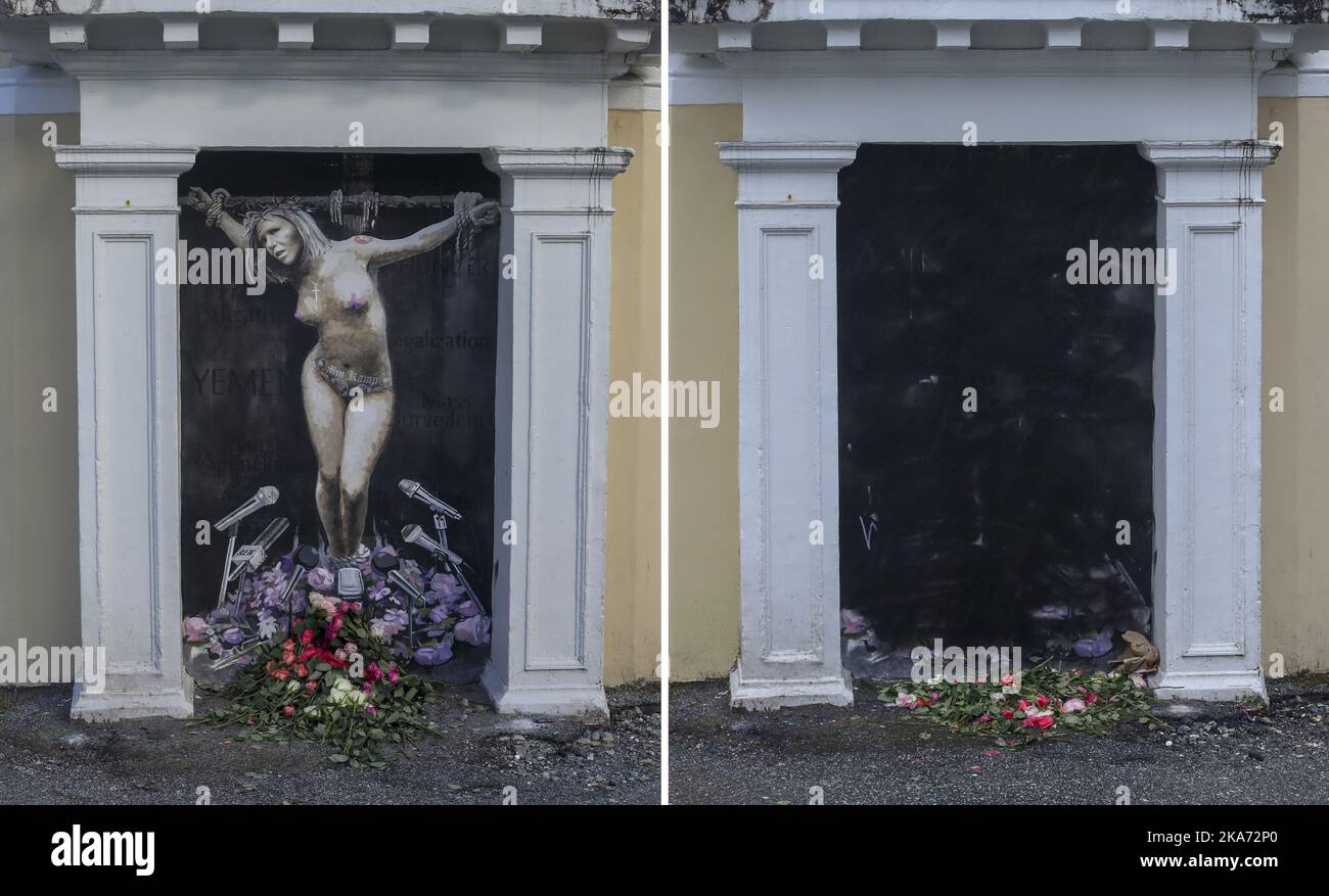 BERGEN, Norway 20180404. Night to Wednesday 04.04, the street art signed AFK of norwegian politician Sylvi Listhaug in Bergen has been painted over. Combination image from before and after the art was painted over. Photo: Emil Weatherhead Breistein / NTB scanpi Stock Photo