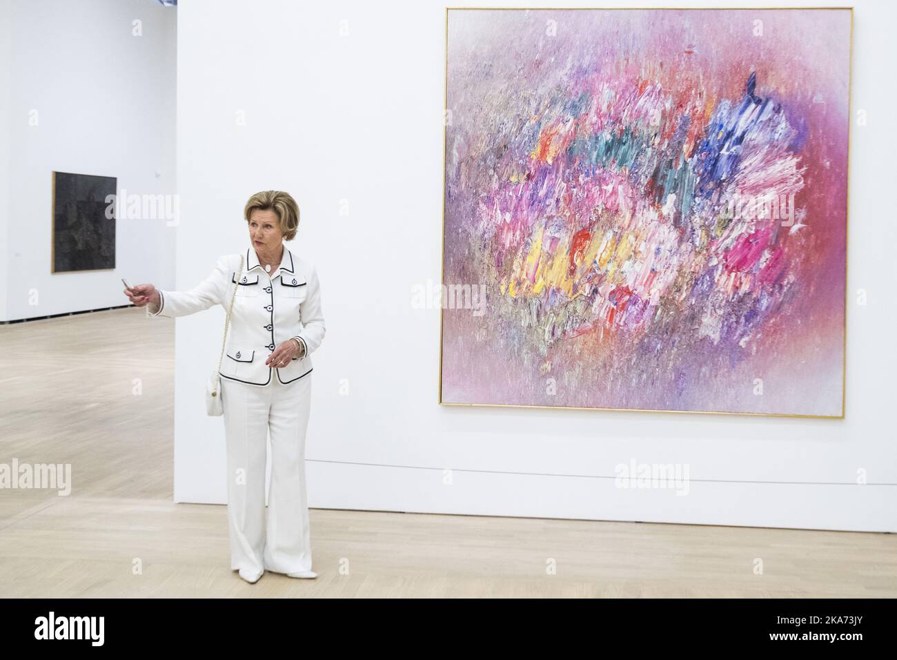 HOVIK, NORWAY 20180615. Queen Sonja is present during the opening of the Jakob Weidemann exhibition at Henie Onstad Art Center at Hovik. Here at the artwork 'Markblomst' from 1982. Photo: Haakon Mosvold Larsen / NTB scanpi Stock Photo