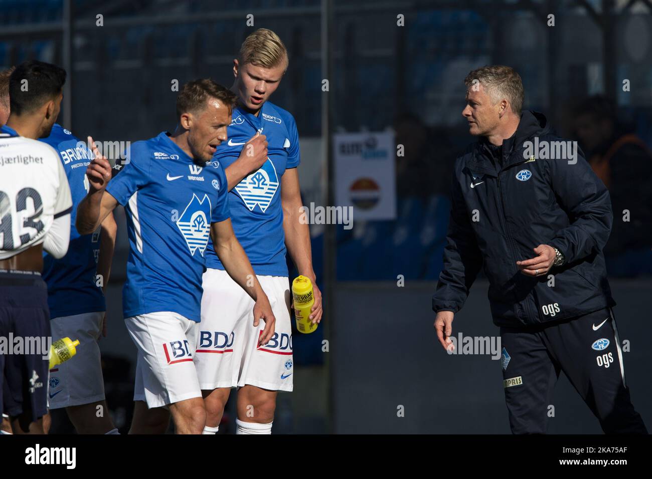 Moldes manager Ole Gunnar Solskjær in the elite championship in football between Molde and Strømsgodset at Aker Stadium. Erling Braut Haland (middle) and Mattias Mostrom television in the picture Stock Photo