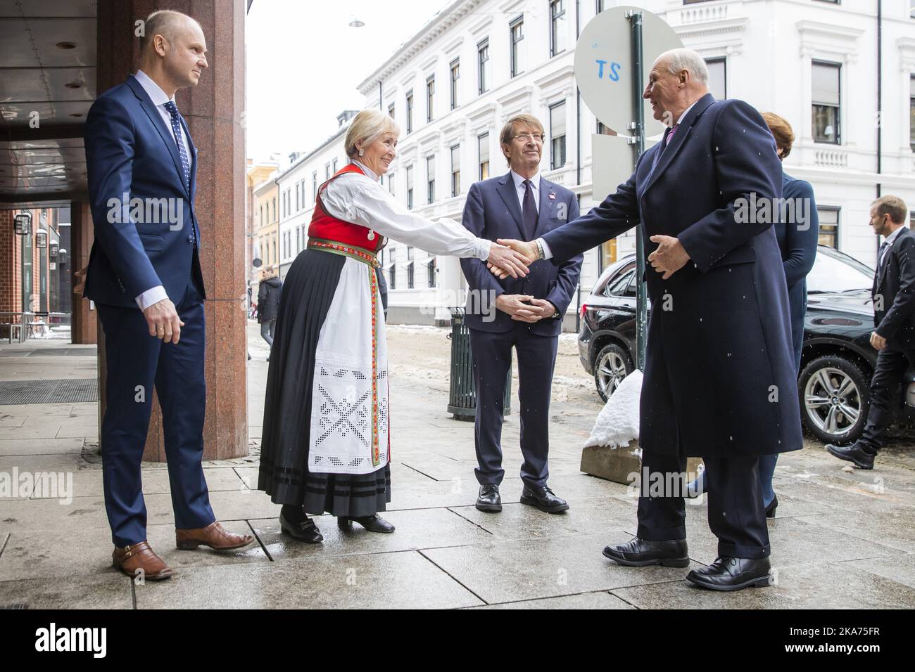 Oslo, Norway 20190205. King Harald is welcomed by from left: Acting general secretary Jon-Richard Haugen, deputy chairman of the board Sidsel B. Skaar and chairman of the board Stein A. Evensen for the award of the National Association of Public Health Heart Research Prize and Dementia Research Prize for 2019 at The Norske Theater in Oslo Tuesday. Photo: Haakon Mosvold Larsen / NTB scanpi Stock Photo