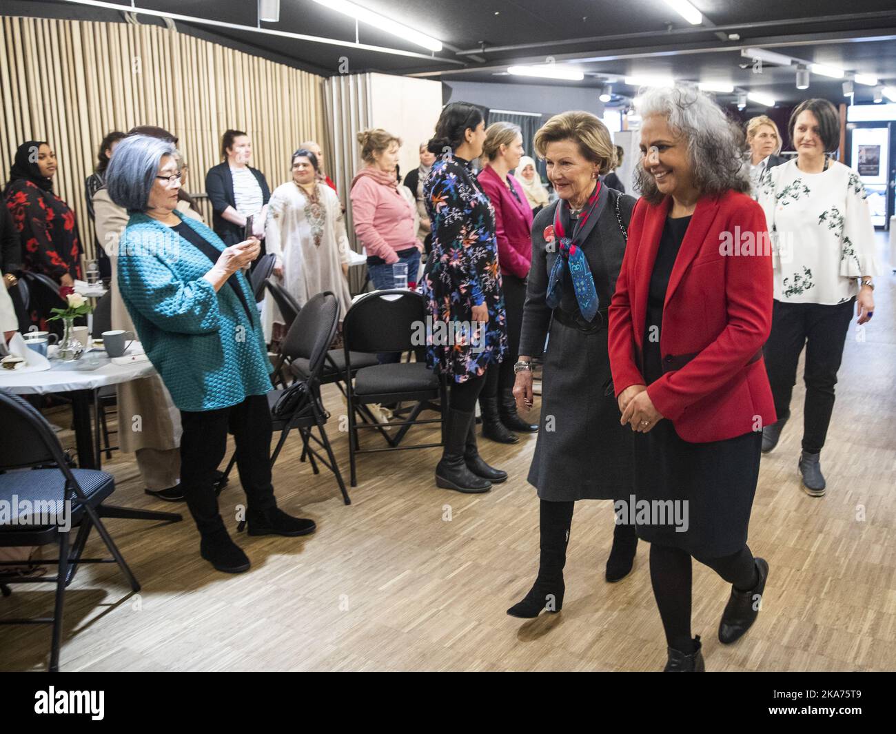 OSLO, Norway 20190308. From right: Fakhra Salimi, head of Mira centers,  receives Queen Sonja as she arrives at the Melahuset, where the Queen is  present at Empowerment breakfast with minority women, Friday