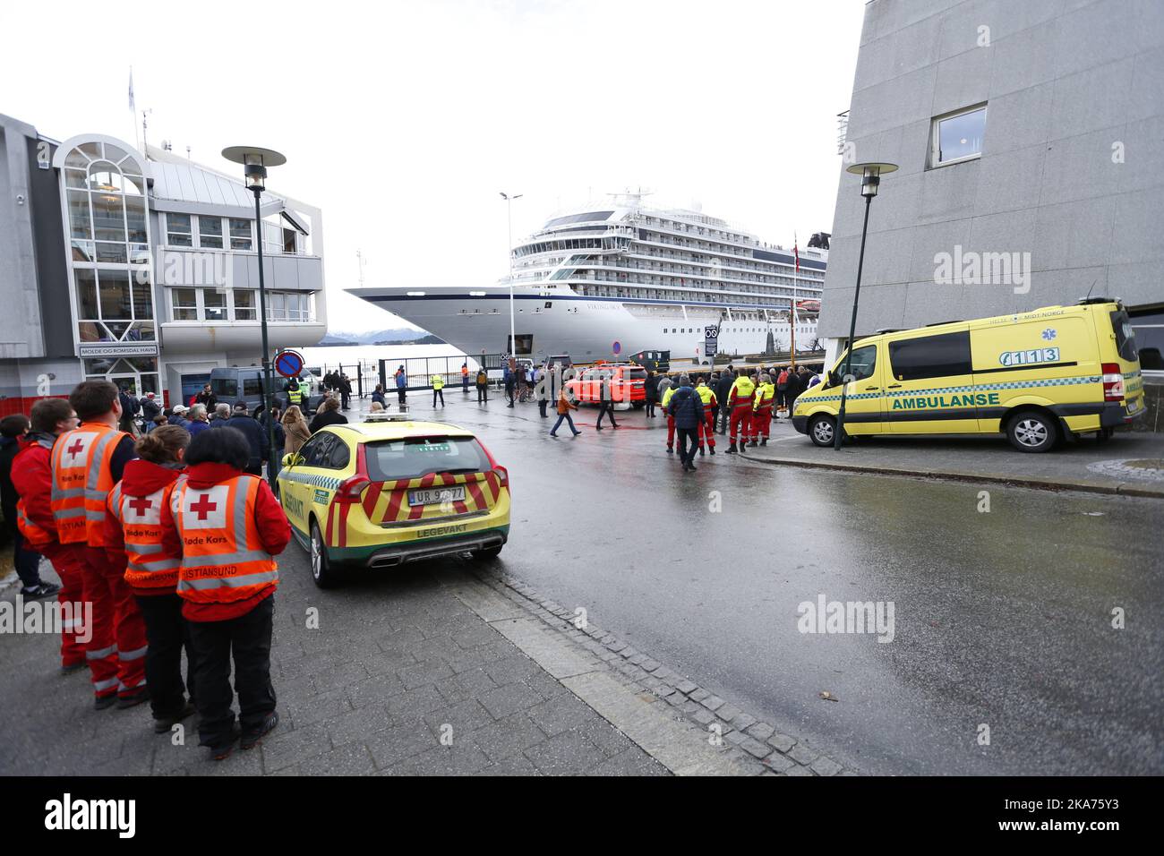 Molde 20190324. Cruise ship Viking Sky arrives at Molde after the problems the ship got yesterday in the storm, utside of Hustadvika in Norway yesterday. Photo: Svein Ove Ekornesvåg / NTB scanpix  Stock Photo