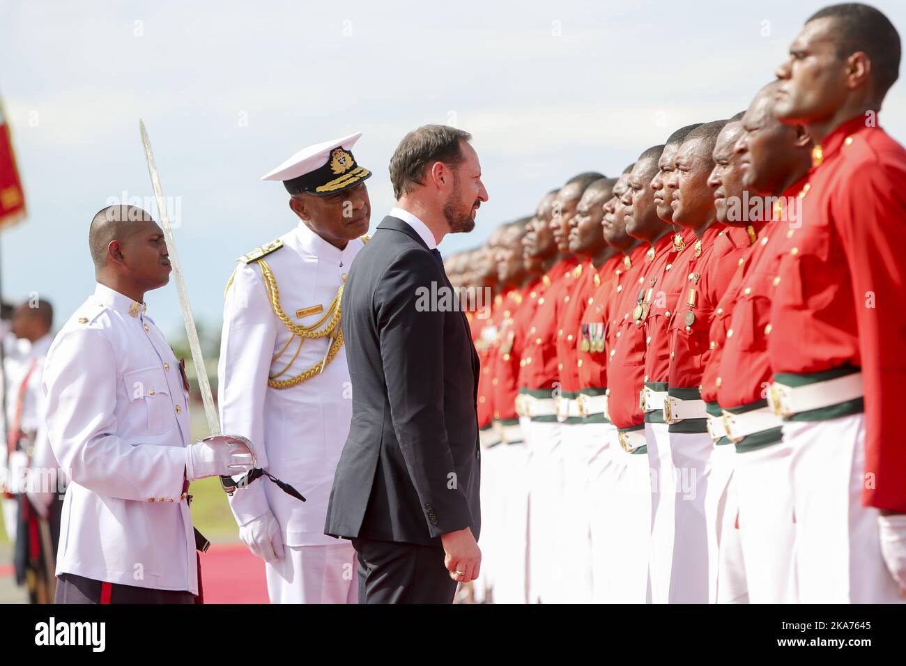 Suva, Fiji 20190408. Crown Prince Haakon together with Chief of Defense Viliame Naupoto inspects 100 soldiers from the Navy and Army at Nausori Airport outside Fiji's capital Suva. Photo: Karen Setten / NTB scanpi Stock Photo