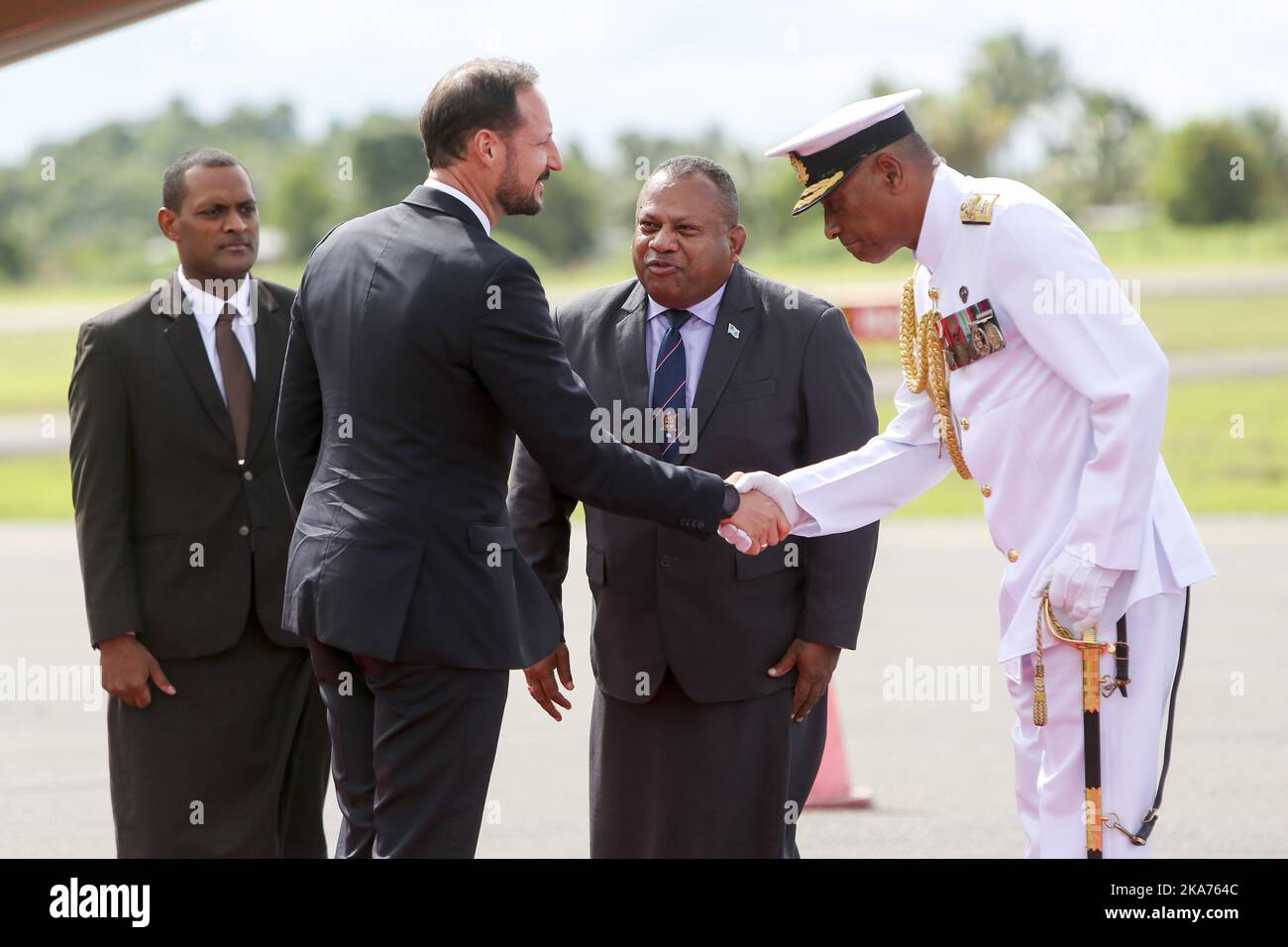 Suva, Fiji 20190408. Crown Prince Haakon welcomes Chief of Defense Viliame Naupoto and Defense Minister Inia Seruiratu at Nausori airport outside Fiji's capital Suva. Photo: Karen Setten / NTB scanpi Stock Photo