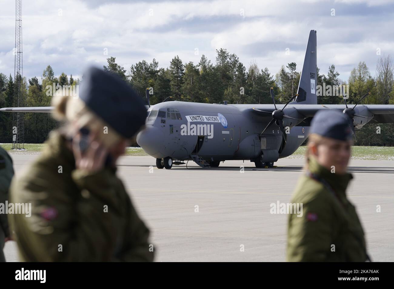 Gardermoen, Norway 20190507. On Tuesday, the Armed Forces sends a Hercules transport aircraft with 6o Norwegian soldiers from Gardermoen to Mali for participation in the UN peacekeeping force MINUSMA. The soldiers will seek to create stability in a country destroyed by separatists and terrorist groups. Photo: Heiko Junge / NTB scanpix Stock Photo