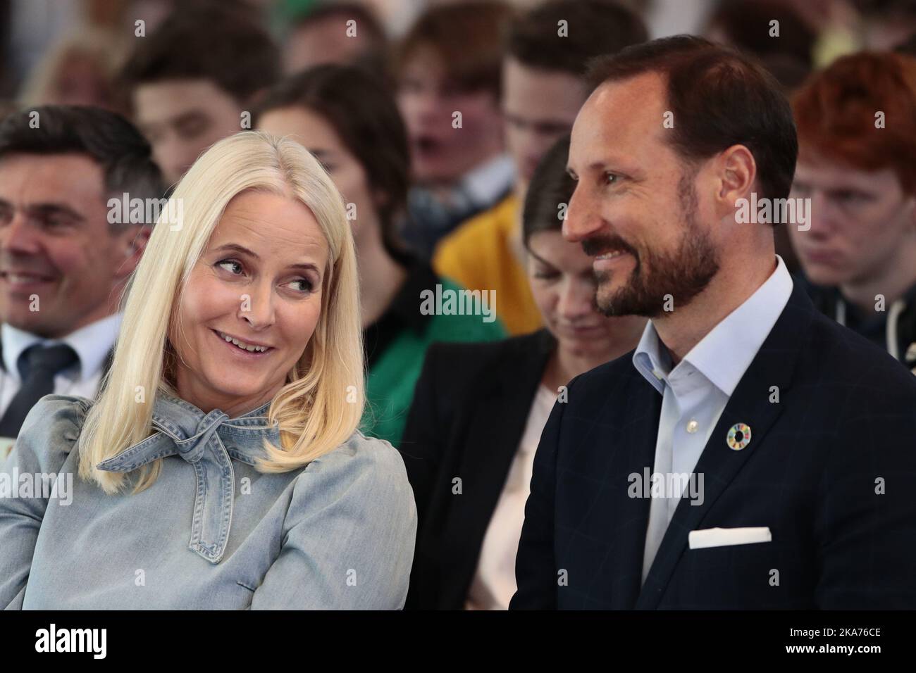 Oslo, Norway 20190508. Crown Princess Mette-Marit starts the literary metro ride at Kolsaas Wednesday. The trip goes on to Bekkestua, Roea and Majorstuen. Crown Prince Haakon accompanies her. They are stopping for events at libraries along the line. Photo: Lise Aaserud / NTB scanpix Stock Photo