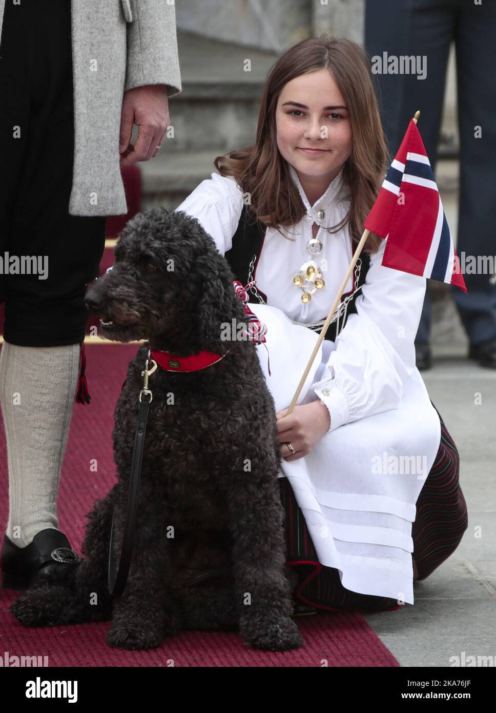 Princess Ingrid Alexandra of Norway and her dog Muffins Kraakebolle, outside their residence Skaugum in Asker, on May 17, 2019, attending the celebration of Norwegian National Day. Photo: Lise Aaserud / NTB scanpix  Stock Photo