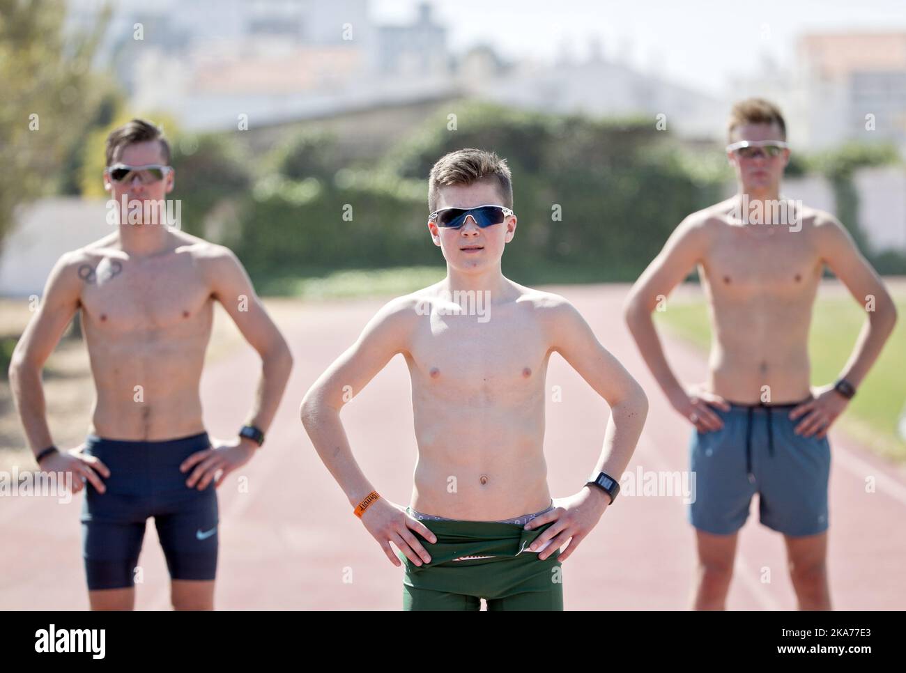 From left: Brothers Henrik Ingebrigtsen, Jakob Ingebrigtsen and Filip Ingebrigtsen at training camp in Albufeira, Portugal. PHOTO: DANIEL SANNUM LAUTEN / VG Stock Photo