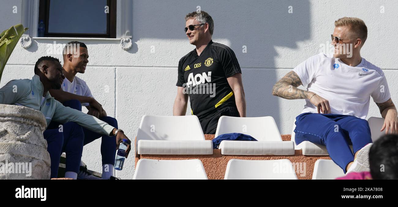 Marbella, Spain 20200212. Manchester United manager Ole Gunnar SolskjÃ¦r (in the middle) before the training match between Molde and Kongsvinger in Marbella. Moldes Leke James (left), Mathis Bolly and Eirik Ulland Andersen (right) Photo: Jan Kaare Ness / NTB scanpix  Stock Photo