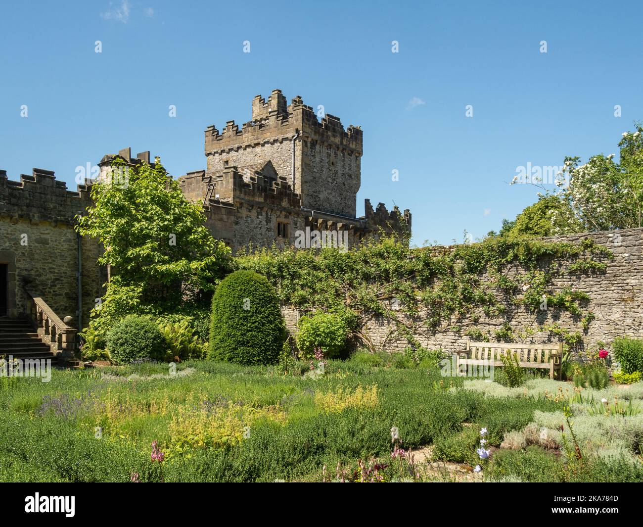 Haddon Hall, a medieval manor house dating from 11th century, Bakewell, Derbyshire, UK; view of the hall from the garden Stock Photo