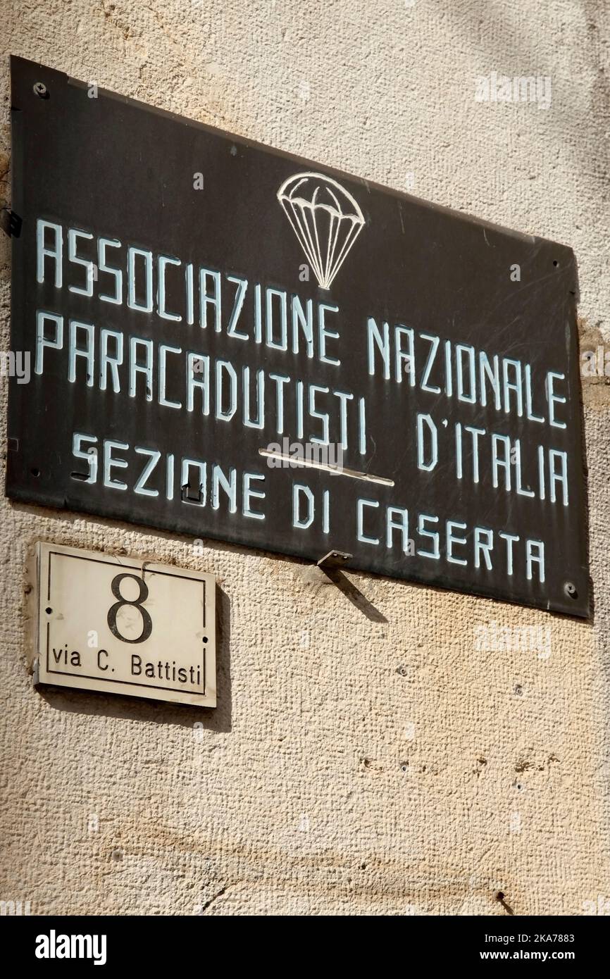 Sign for the Italian National Paratrooper Association, Caserta, Italy. Stock Photo