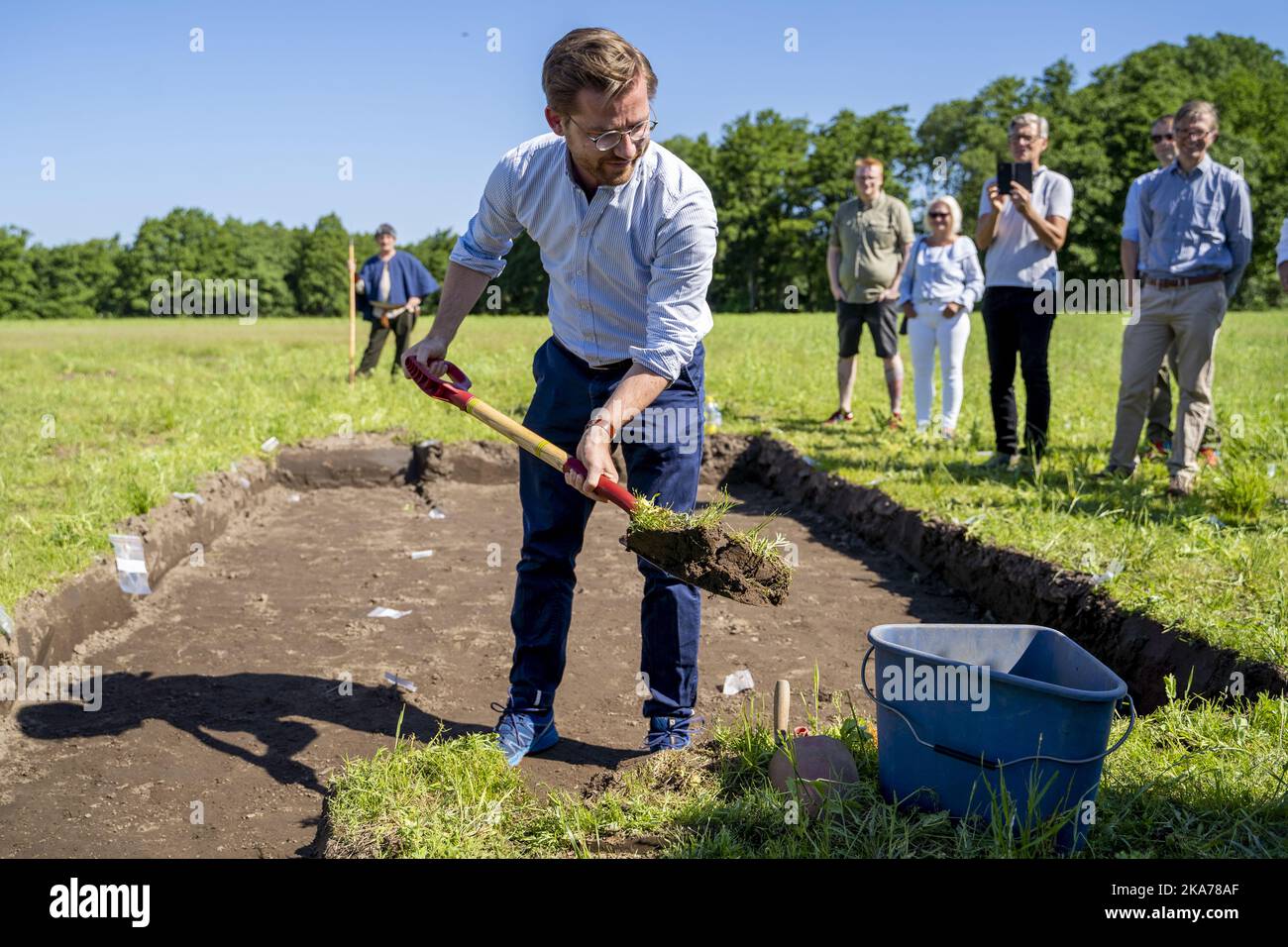 Halden, Norway 20200626. Norway´s Minister of Climate and Environment Sveinung Rotevatn officially starts the excavation of Gjellestadskipet, a viking ship discovered in the ground near Halden, some 100 km south of Oslo. Photo: Fredrik Hagen / NTB scanpix  Stock Photo
