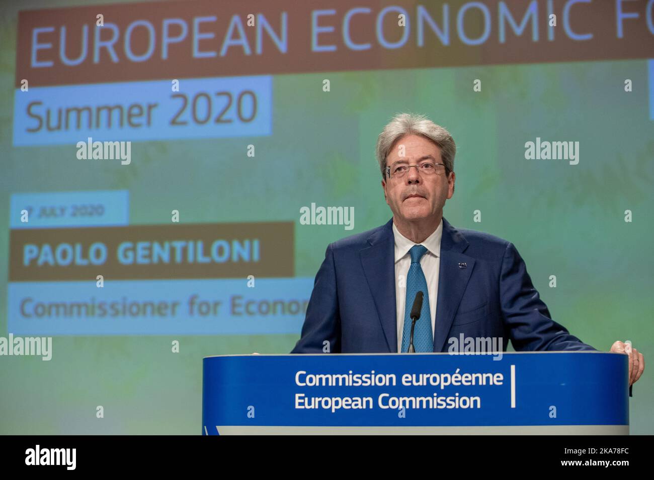 (200707) -- BRUSSELS, July 7, 2020 (Xinhua) -- Paolo Gentiloni, European Commissioner for Economy, attends a press conference on the Summer 2020 Economic Forecast at the European Commission headquarters in Brussels, Belgium, July 7, 2020. The European economy will face a 'deeper recession' than previously predicted due to the prolonged containment measures against COVID-19, the European Commission said in its Summer 2020 Economic Forecast on Tuesday. (European Union/Handout via Xinhua) Stock Photo