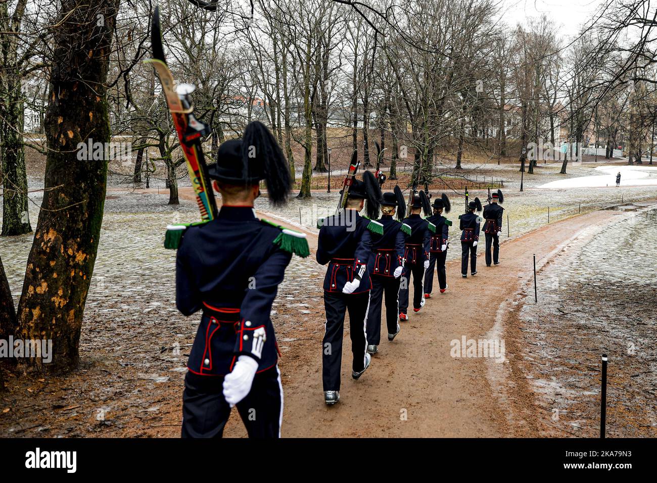 1st Guard Company with Sergeant 1st Class Henriksen at the helm took up the skis between the guards in front of the Royal Palace on Tuesday during the winter holidays. The idea was conceived and implemented in a polite manner and in order. You do not throw on your skis when you are a guard. It is a rare sight to see guards on skis in the Palace park, but a positive initiative for the guard soldiers between the usual guards at the Palace says Brage Wiig-Hansen at the information department in Garden. The mild weather puts another stop to several ski trips, but the watch team has already managed Stock Photo