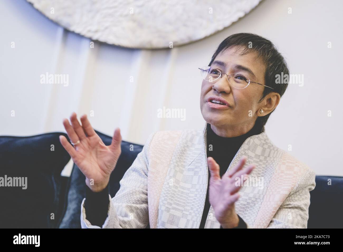 Oslo 20211210. Maria Ressa during an interview with NTB at the Grand ...
