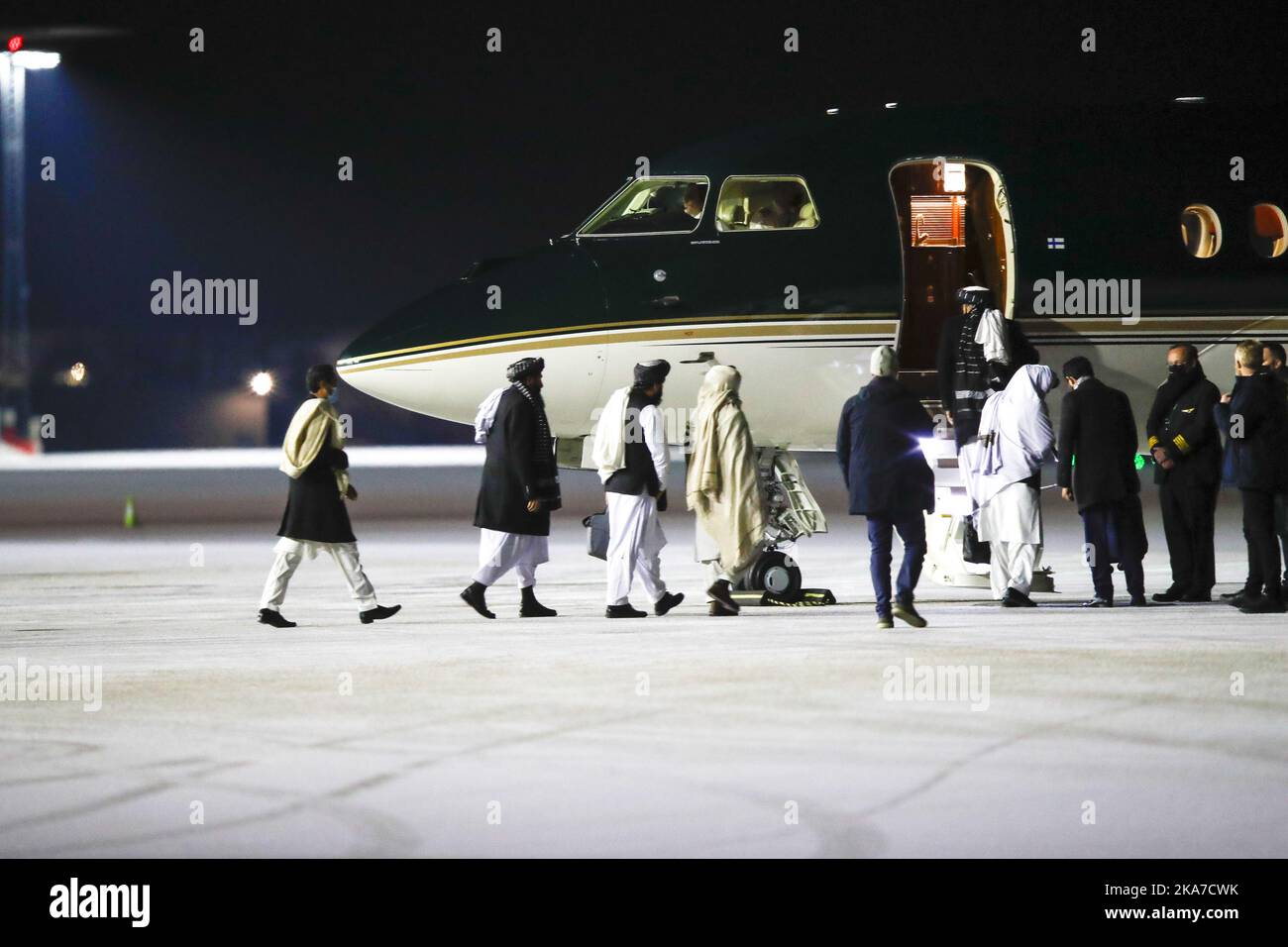 Oslo 20220126. Representatives of the Taliban leave Gardermoen after attending meetings at the Soria Moria hotel in Oslo. Photo: Javad Parsa / NTB  Stock Photo