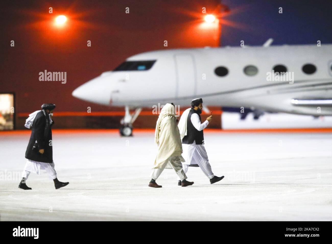 Oslo 20220126. Representatives of the Taliban leave Gardermoen after attending meetings at the Soria Moria hotel in Oslo. Photo: Javad Parsa / NTB  Stock Photo