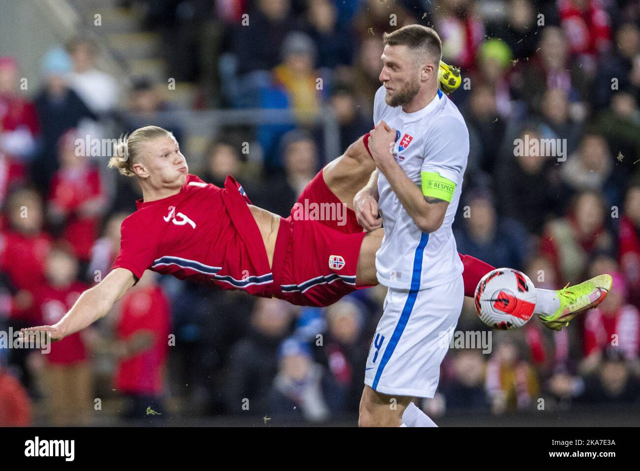 Oslo 20220325. Norwegian Erling Braut Haaland in a duel with Slovakia's