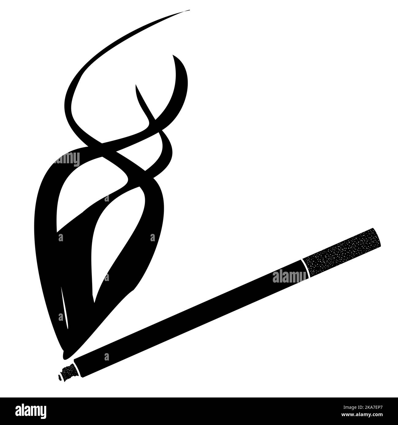 Silhouette cigarette with filter and smoke isolated on white. Tilted