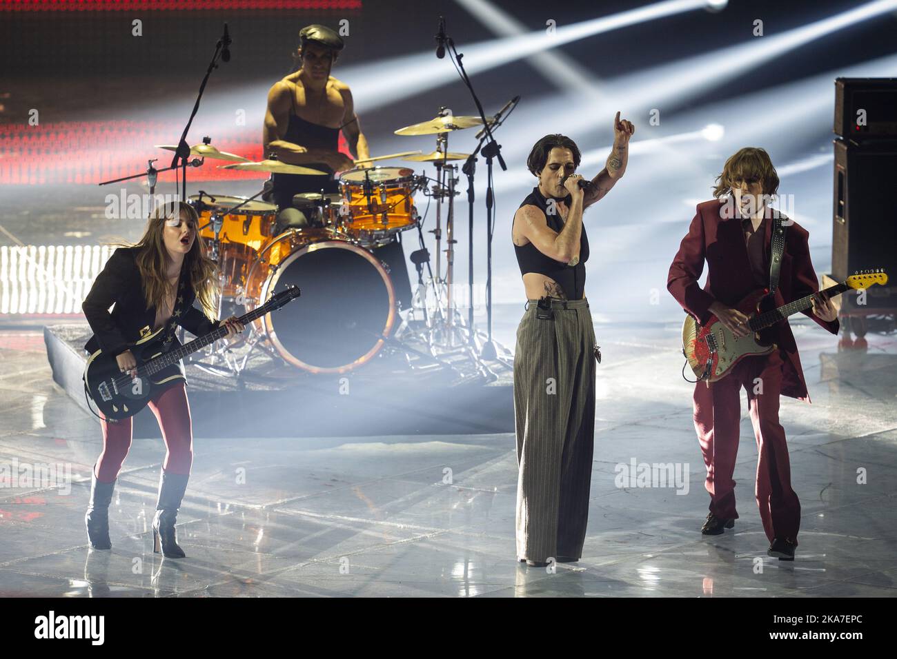 Turin, Italy 20220514. Last year's ESC winners, Italian Moonlight, play during the final of the Eurovision Song Contest at the Pala Olimpico in Turin on Saturday night. Photo: Heiko Junge / NTB  Stock Photo