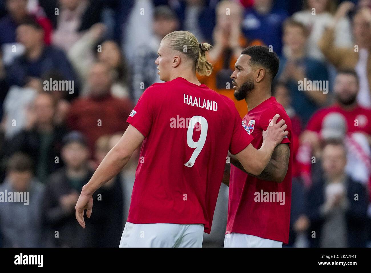 Oslo 20220609. Norway's Erling Braut Haaland and Joshua King after
