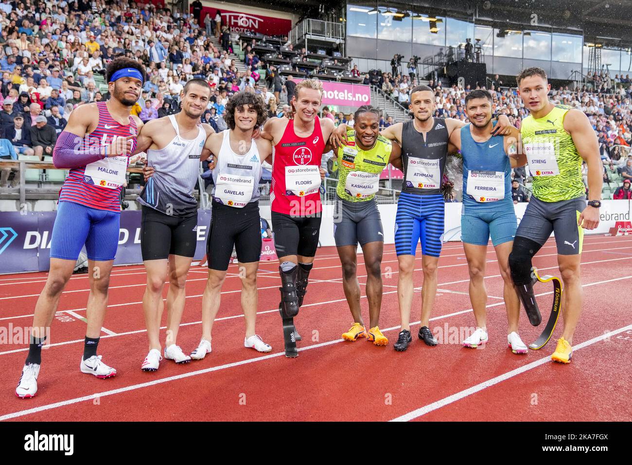 Oslo 20220616. Noah Malone (from left), guide runner Sotiris Garaganis, Athanasios Gavelas, Johannes Floors, Salum Ageze Kashafali, Skander Djamil Athmani, Petrucio Ferreira and Felix Streng compete in the 100m race to zero during the Diamond League Bislett Games 2022. Photo: Beate Oma Dahle / NTB  Stock Photo