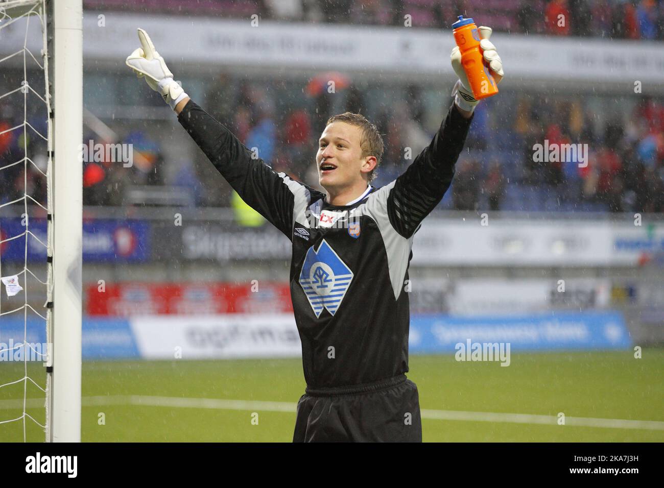 Aalesunds keeper Anders Lindegaard celebrates victory at the end of the game. Stock Photo