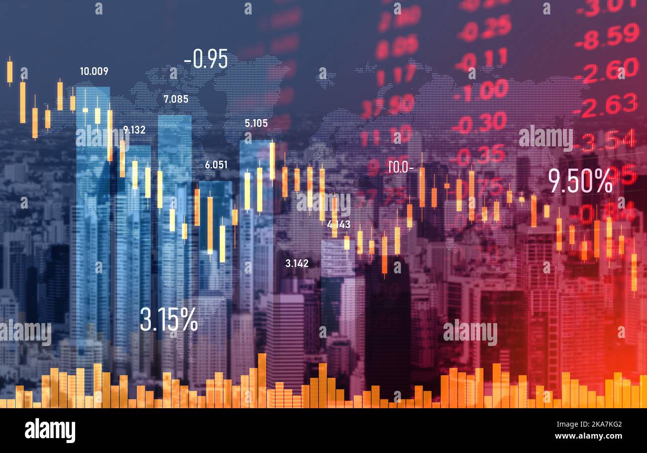The digital indicators and declining graphs of a stock market crash