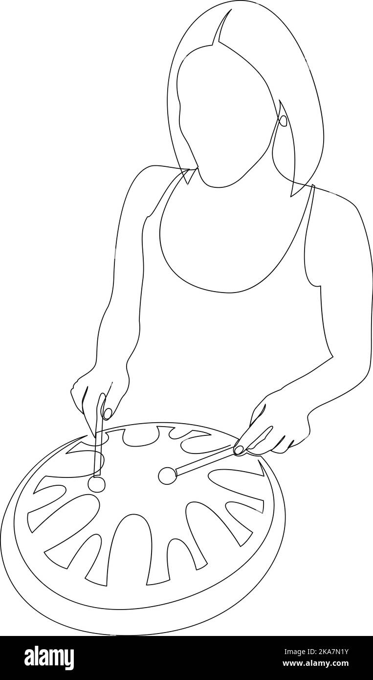 Woman plays the steel tongue drum with sticks. Continuous line drawing of traditional folk music instrument. Vector illustration Stock Vector